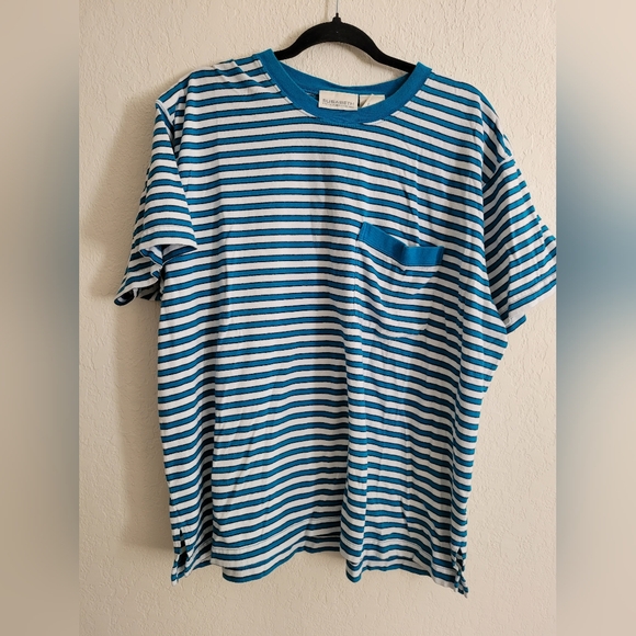 Vintage Tops - Perfect 90s vintage oversized striped teal and white tee with pocket | size 2